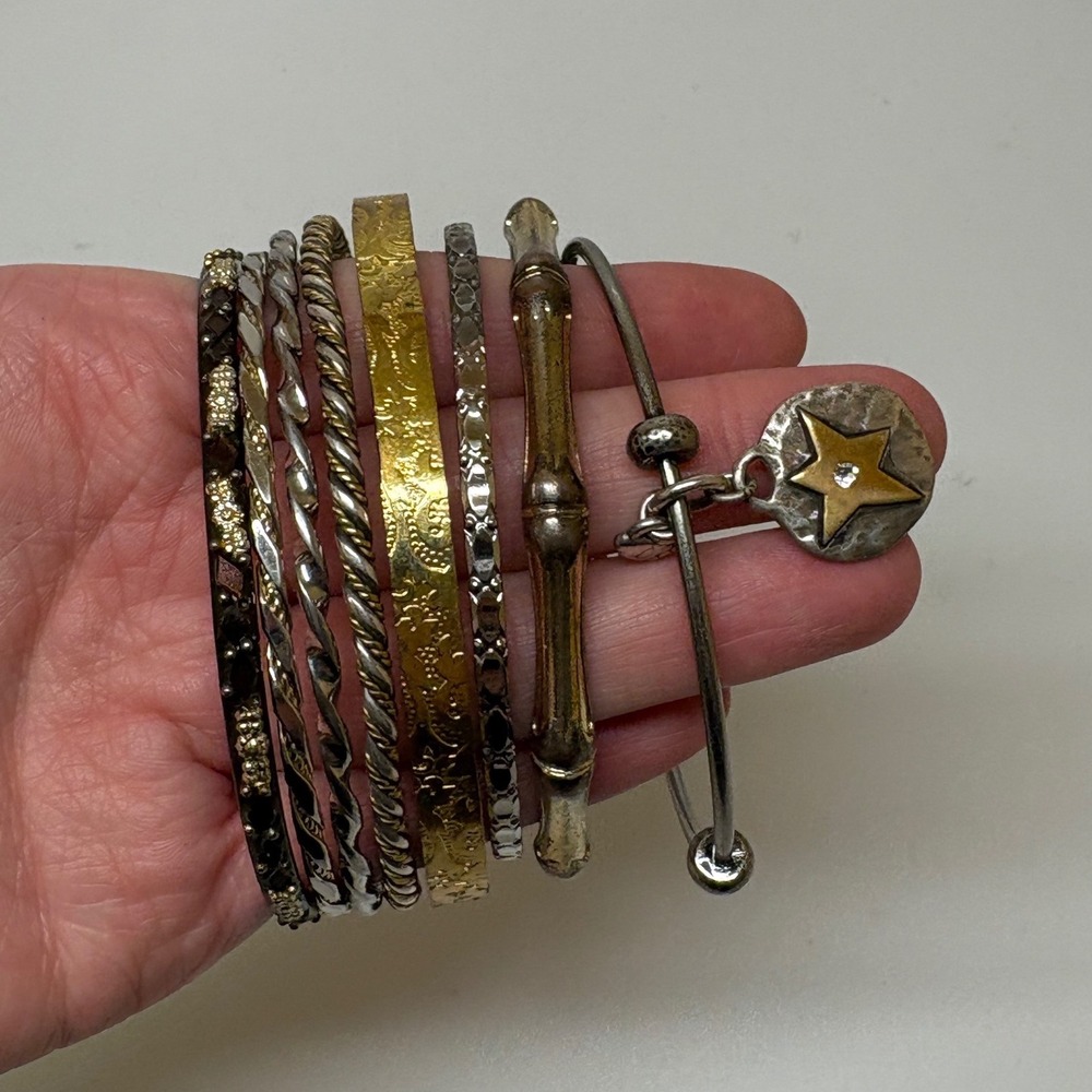 Mixed Metal Bangle Bracelet Set 8pc Shine On Star Charm Bamboo Twisted